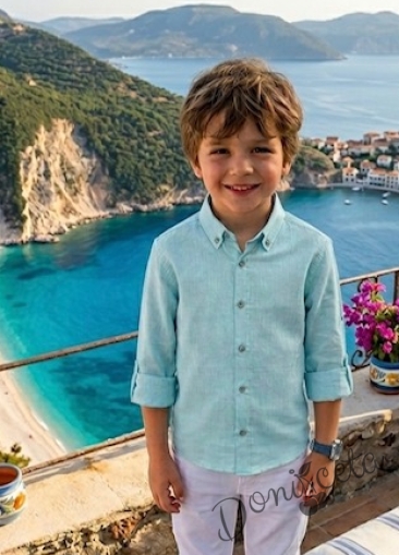 Детска риза с дълъг ръкав  за момче в тюркоаз с копчета в бежово