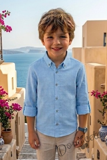 Детска лятна риза с дълъг ръкав  за момче в светлосиньо с копчета в бежово