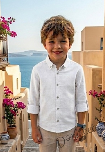 Детска риза с дълъг ръкав в бяло с копчета в бежово