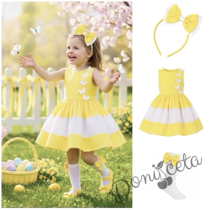 Комплект от детска рокля в жълто и бяло с 3D пеперуди Далента с диадема и чорапки