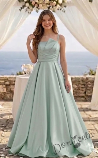 Дълга официална детска рокля Лара с асиметрично деколте в зелено