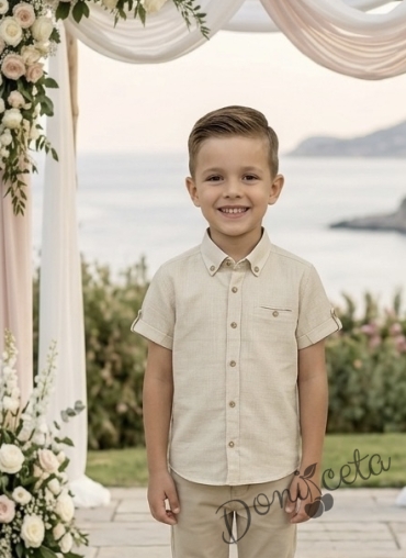 Детска риза с къс ръкав за момче в бежово с копчета в бежово