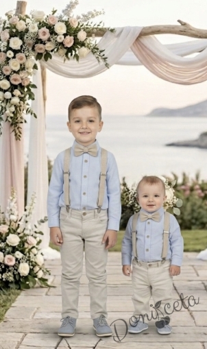 Детски комплект за момче от 4 части-риза в светлосиньо с яка, панталон в бежово и тиранти с папийонка в бежово