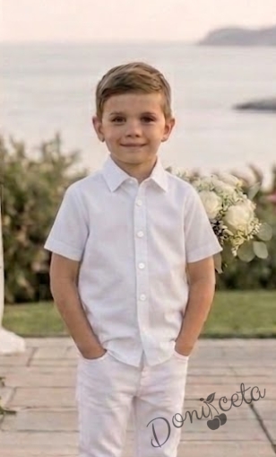  Детска официална ризка за момче с къс ръкав и яка в бяло 
