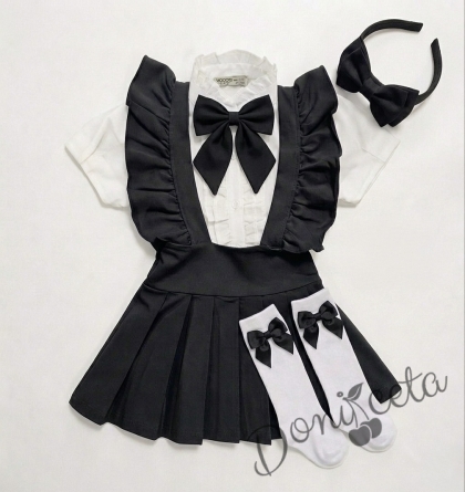 Комплект за момиче от 5 части в черно-сукман плисе Гери, риза с къс ръкав с панделка, чорапки с панделка в черно и диадема с панделка