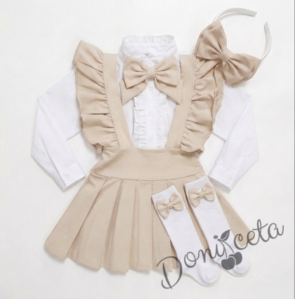 Комплект за момиче от 5 части в бежово-сукман плисе Гери, риза с дълъг ръкав с панделка, чорапки с панделка в бежово и диадема с панделка