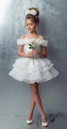 Къса елегантна детска рокля в бяло с рози и пищна многопластова пола Розалия