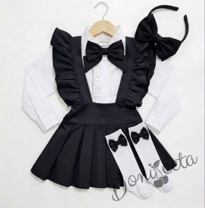 Комплект за момиче от 5 части в черно-сукман плисе Гери, риза с дълъг ръкав с панделка, чорапки с панделка в черно и диадема с панделка