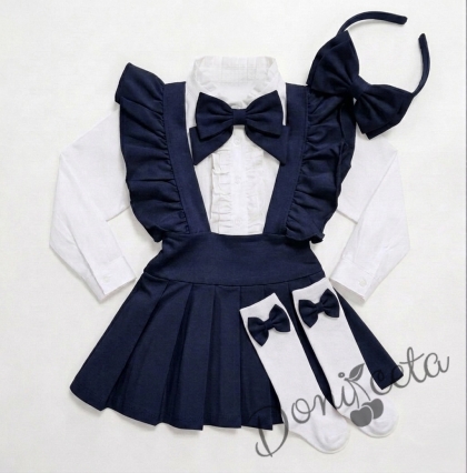 Комплект за момиче от 5 части в тъмносиньо-сукман плисе Гери, риза с дълъг ръкав с панделка, чорапки с панделка в тъмносиньо и диадема с панделка