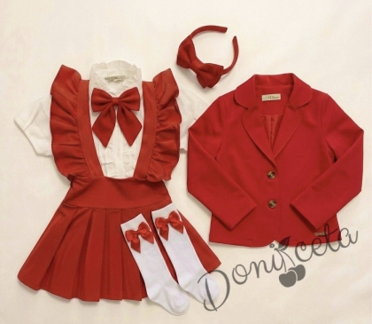 Комплект от 6 части сукман от трико Гери, сако в червено, ризка в бяло с къс ръкав, чорапи с панделки, панделка в червено за ризка и диадема