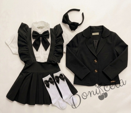 Комплект от 6 части сукман от трико Гери, сако в черно, ризка в бяло с къс ръкав, чорапи с панделки, панделка в черно за ризка и диадема