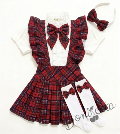 Комплект за момиче от 5 части- сукман Гери в червено каре с плисирана пола, риза в бяло с къс ръкав и къдрички ,панделка за ризка и чорапки и диадема 