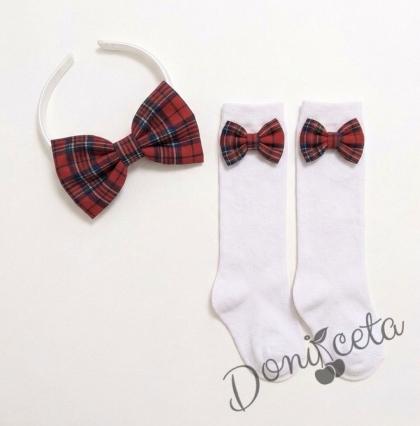 Комплект ръчно изработена диадема и чорапки с панделки в червено каре