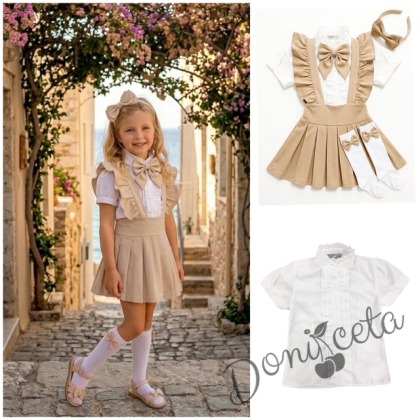Комплект за момиче от 5 части в бежово-сукман плисе Гери, риза с къс ръкав с панделка, чорапки с панделка в бежово и диадема с панделка