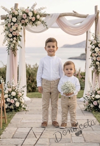 Детски комплект за момче от 2 части-риза с дълъг ръкав в бяло без яка и панталон в бежово