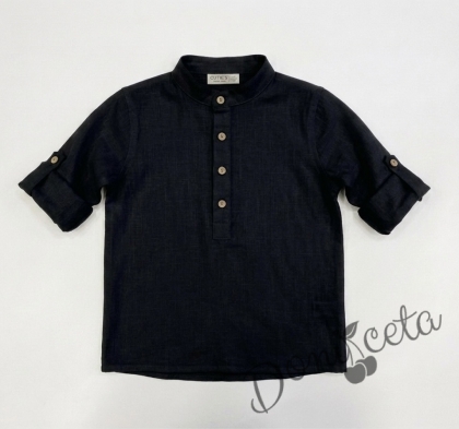 Детска риза с дълъг ръкав за момче в черно без яка с бежови копчета