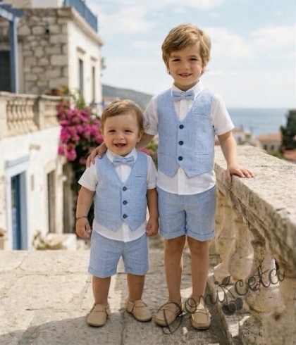 Летен официален комплект за момче от 4 части - риза в бяло с къс ръкав , къси панталони, елек и папийонка в светлосиньо