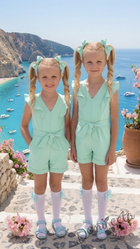 Лете детски къс гащеризон за момиче в тюркоаз с къдрички 