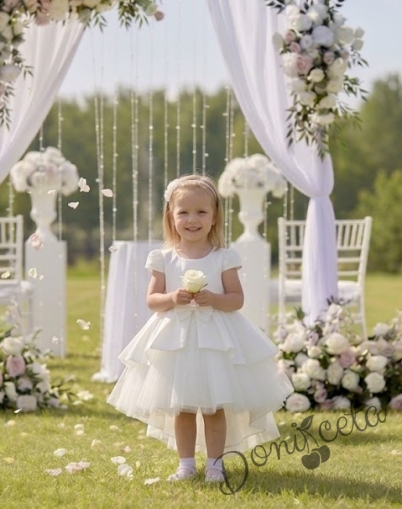  Официална детска рокля от плат Мариска с къс ръкав в екрю и тюл и шлейф