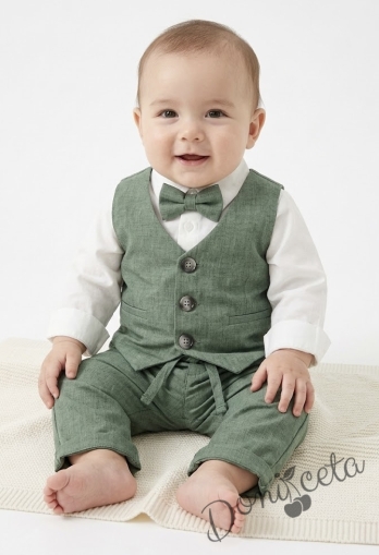 Бебешки официален комплект за момче от 4 части- боди риза в бяло, панталон, елек и папийонка в зелено от колекция Зелениада