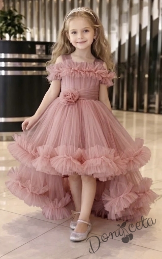 Официална празнична детска рокля Мелиса в пепел от розис ефирен тюл с шлейф 