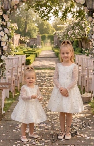 Детска официална детска рокля в бяло с  пайети с дълъг ръкав Естел