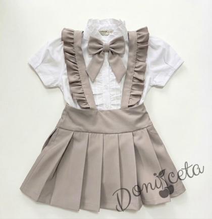 Комплект от 3 части-детски сукман от плат Калина за момиче с къдрички в бежово, ризка в бяло с къс ръкав и панделка за риза  от колекция Бежина