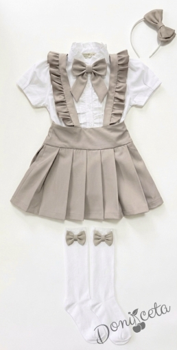 Комплект от 5 части-детски сукман от плат Калина за момиче в бежово, ризка в бяло с къс ръкав с панделка, чорапи и диадема от колекция Бежина