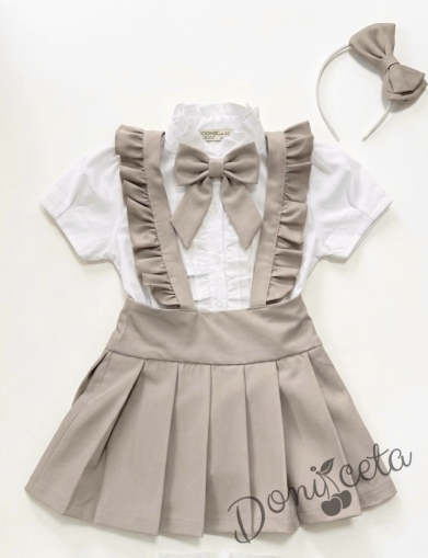 Комплект от 4 части-детски сукман от плат Калина за момиче с къдрички в бежово, ризка в бяло с къс ръкав с панделка за риза  и диадема от колекция Бежина