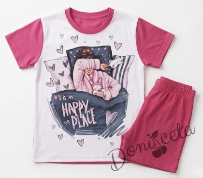 Детска пижама  с къс ръкав в циклама за момиче 