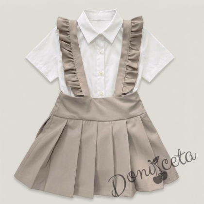 Комплект от детски сукман от плат Калина за момиче с къдрички в бежово и ризка в бяло с къс ръкав от колекция Бежина