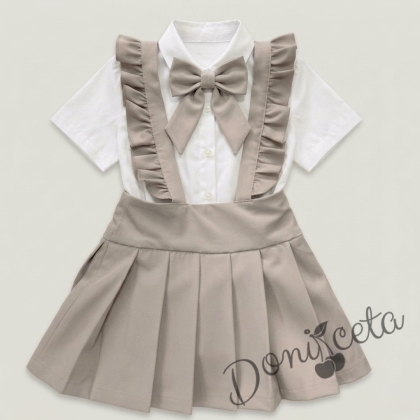 Комплект от 3 части-детски сукман от плат Калина за момиче с къдрички в бежово, риза в бяло с къс ръкав и панделка за риза  от колекция Бежина