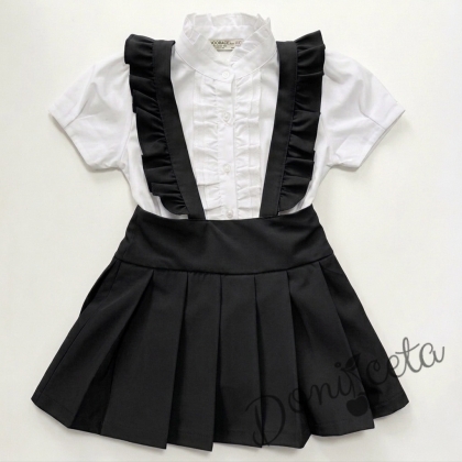 Комплект от детски сукман от плат Калина за момиче с къдрички в черно и ризка в бяло с къс ръкав 