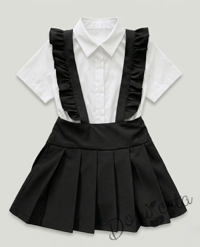 Комплект от детски сукман от плат Калина за момиче с къдрички в черно и риза в бяло с къс ръкав 