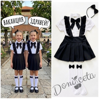 Комплект от 5 части-детски сукман от плат Калина за момиче в черно, ризка в бяло с къс ръкав с панделка, чорапи и диадема 