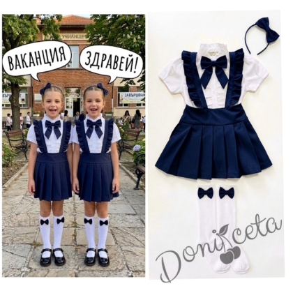 Комплект от 5 части-детски сукман от плат Калина за момиче в тъмносиньо, ризка в бяло с къс ръкав с панделка, чорапи и диадема 