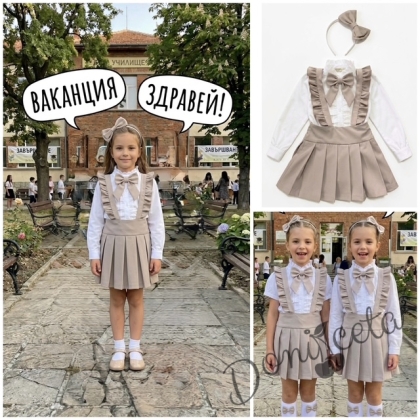 Комплект от 4 части  детски сукман от плат Калина за момиче с къдрички в бежово, ризка в бяло с дълъг ръкав с панделка и диадема от колекция Бежина