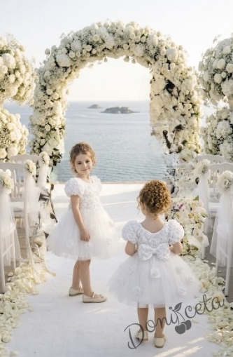 Официална детска рокля Розана с къс ръкав с рози и богат тюл в бяло от колекция Снежина