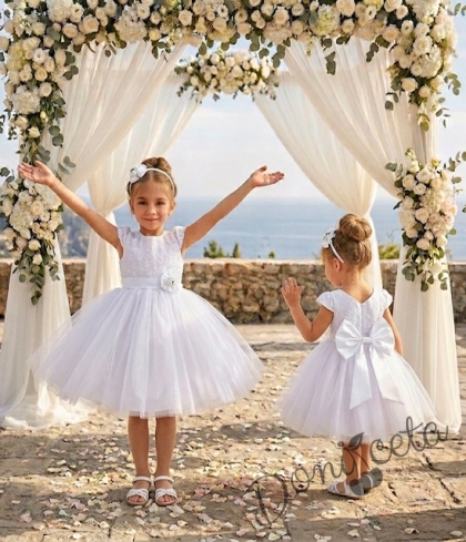 Официална детска рокля в бяло Златина от дантела и тюл за шаферка или кръщене с голяма панделкана гърба  278БТ от колекция Снежина