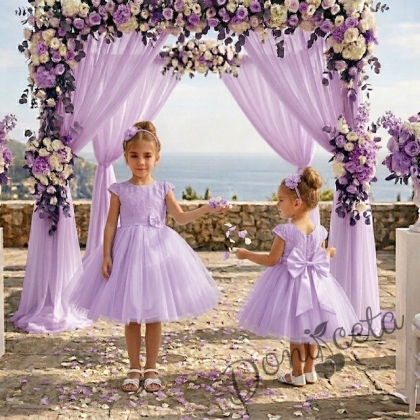 Официална детска рокля Златина от дантела и тюл в лилаво с тюл от колекция Лилавина
