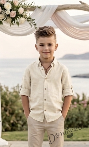 Детска лятна риза за момче с дълъг ръкав в екрю с копчета в бежово