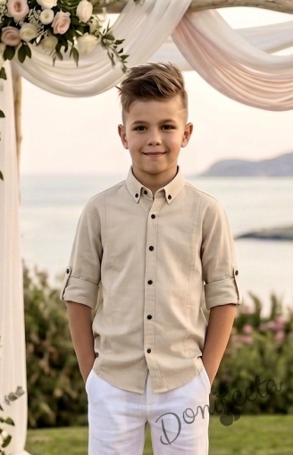 Детска официална риза за момче с дълъг ръкав в бежово с яка с черни копчета