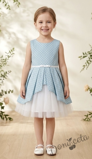 Детска официална рокля  Надежда на точки в светлосиньо тип клош с бял тюл 