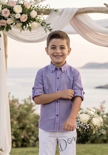  Официална детска риза с яка с дълъг ръкав в лилаво с лилави копчета