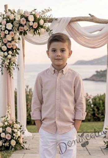 Детска риза за момче с дълъг ръкав в пепел от рози с яка