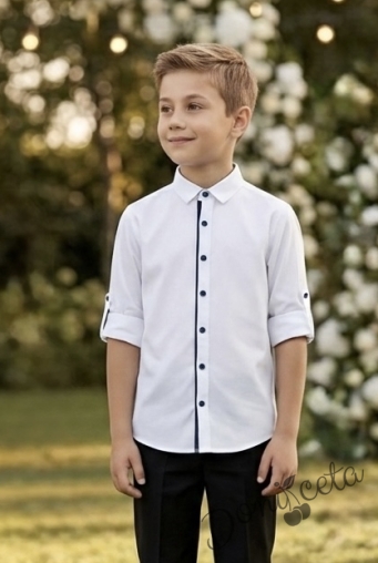 Детска официална риза в бяло с дълъг ръкав за момче с копчета в черно