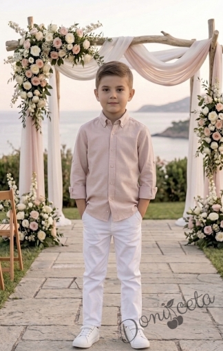 Детски комплект за момче от 2 части-риза с дълъг ръкав в пепел от рози на райе с яка и панталон в бяло