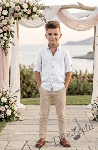 Детски комплект за момче от 2 части-риза с дълъг ръкав в бяло с яка и панталон в бежово