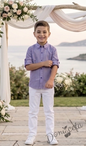 Детски комплект за момче от 2 части-риза с дълъг ръкав в лилаво на райе с яка и панталон в бяло