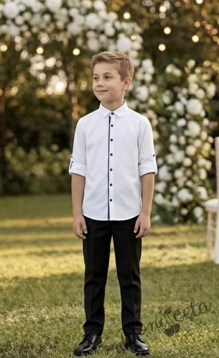 Детски официален комплект от риза в бяло с дълъг ръкав с черни копчета и панталон в черно 